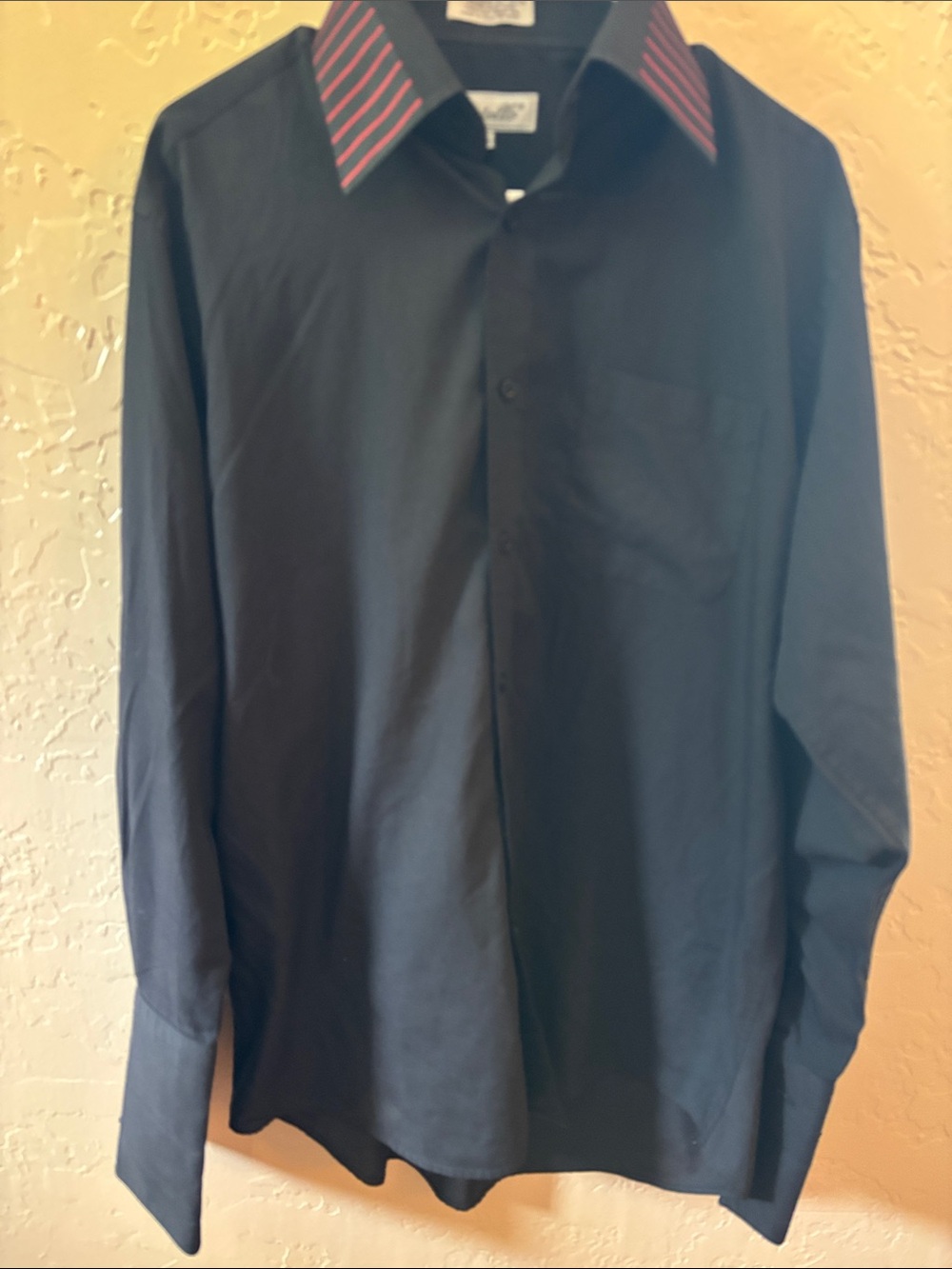 Black Button-Up Shirt with Red-Striped Collar